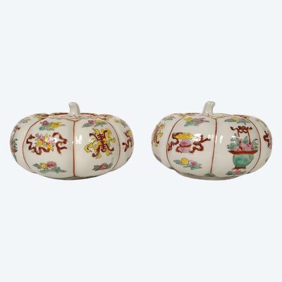 Paire pots couverts porcelaine chinoise citrouille coloquinte Qianlong 19è