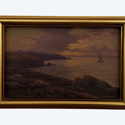Oil on panel by Jacques Marcelin, 20th century, seaside at night