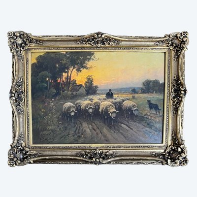 Oil on canvas, A. Derians (19th-20th century) – Shepherd leading the flock