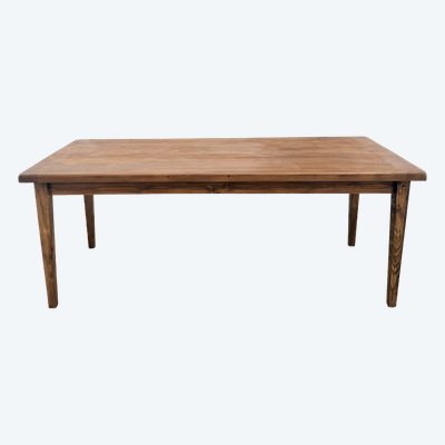 Table de ferme, plateau chêne massif chevillé, pieds fuseaux en pin, France, années 1950