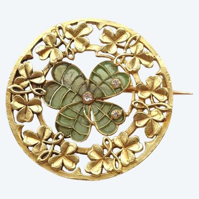 Plique-à-jour enamel clover brooch in 18 karat gold, Art nouveau 