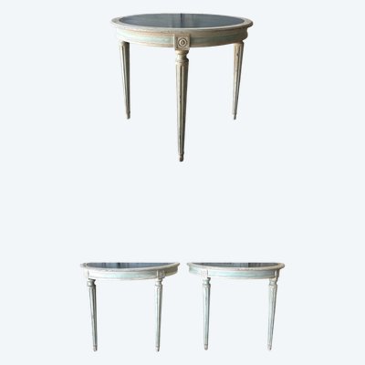 A pedestal table or pair of Louis XVI style lacquered consoles, 20th century