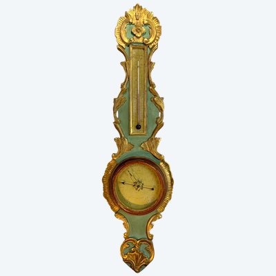 BAROMÈTRE XVIIIe ÉPOQUE LOUIS XVI EN BOIS LAQUÉ VERT ET DORÉ SIGNÉ PARGILARD