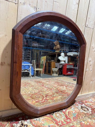 Miroir octogonal biseauté – Époque 1900 – Cadre bois teinté acajou