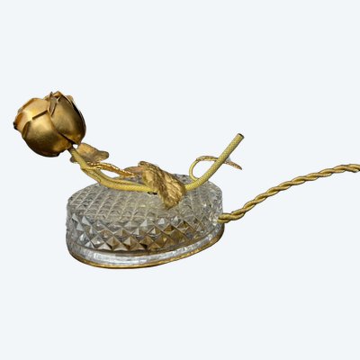 Vintage pink flower mood lamp, glass and gold metal