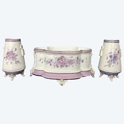 Antique porcelain planter with a pair of matching vases