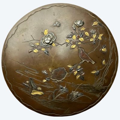 Antique Japanese bronze box with inlaid decoration, bird and flowers, Meiji period