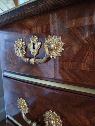 Cassettone Luigi XIV in legno pregiato impiallacciato, Parigi 1710-1720 circa.