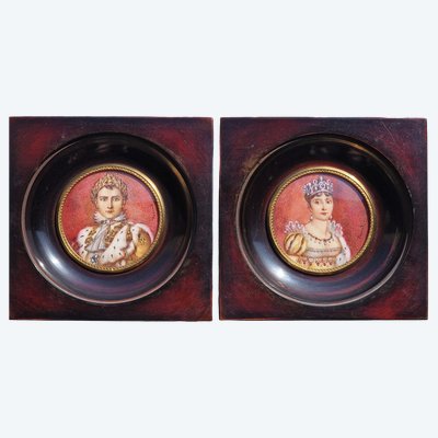 Paire de peintures portraits  miniatures de Napoléon 1er et Josephine de Beauharnais