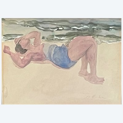 tableau mer, plage, soleil été,Odilon ROCHE (1868-1947)  "Au soleil du Midi", crayon et aquarelle