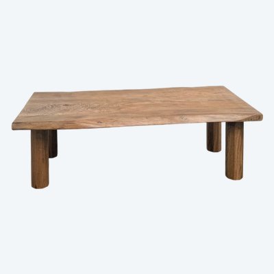 Table basse brutaliste, forme libre en chêne massif