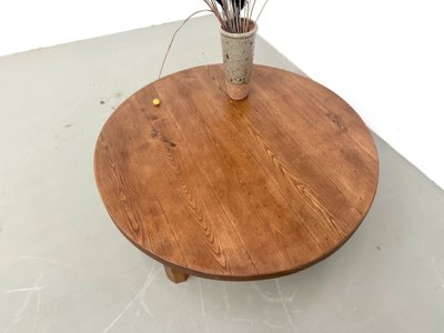 Round coffee table in solid oak, octagonal legs, France, 1950s