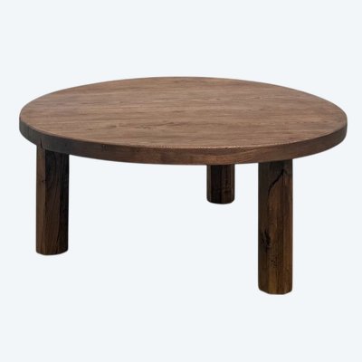 Table basse ronde en chêne massif, pieds octogonaux, France, années 1950
