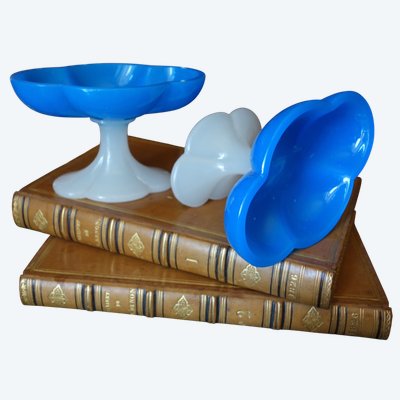Baccarat - Coppia di portaanelli, coppe polilobate in vetro opalino blu e bianco, periodo Carlo X