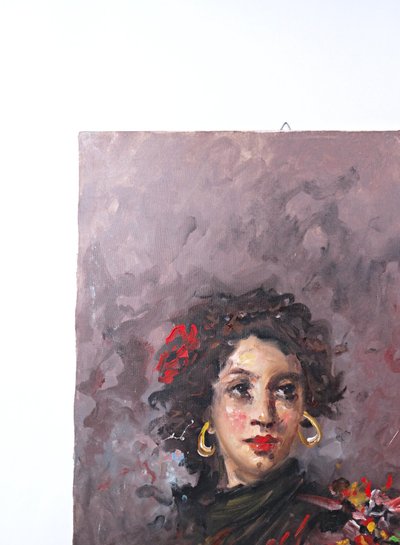 Ritratto ad olio su tela di una ballerina di flamenco boema, 70x50 cm, firmato, metà del XX secolo.