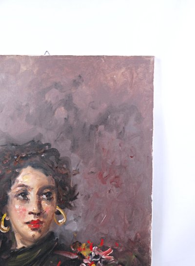 Ritratto ad olio su tela di una ballerina di flamenco boema, 70x50 cm, firmato, metà del XX secolo.