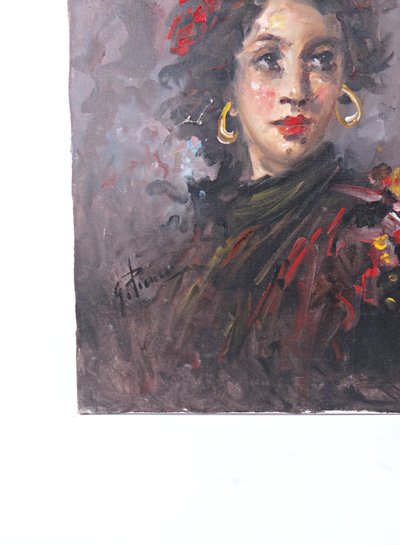 Ritratto ad olio su tela di una ballerina di flamenco boema, 70x50 cm, firmato, metà del XX secolo.