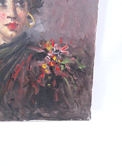 Ritratto ad olio su tela di una ballerina di flamenco boema, 70x50 cm, firmato, metà del XX secolo.