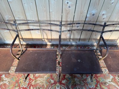 4-seater theater bench – Industrial style – Iron and sheet metal – Early 20th century