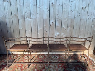 4-seater theater bench – Industrial style – Iron and sheet metal – Early 20th century
