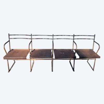 4-seater theater bench – Industrial style – Iron and sheet metal – Early 20th century