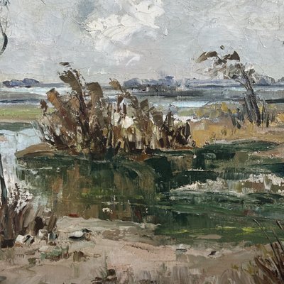 Huile sur toile XXe paysage de Camargue par Ely Laumonier