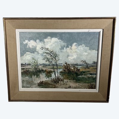 Huile sur toile XXe paysage de Camargue par Ely Laumonier