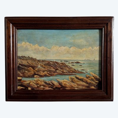 Oil painting depicting the rocky coast of Quiberon, 1915, by A. Derémy