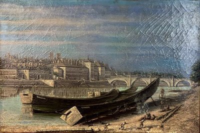 PEINTURE / HUILE DU XVIIIe ECOLE FRANÇAISE " PARIS BORD DE SEINE AU MOYEN AGE "