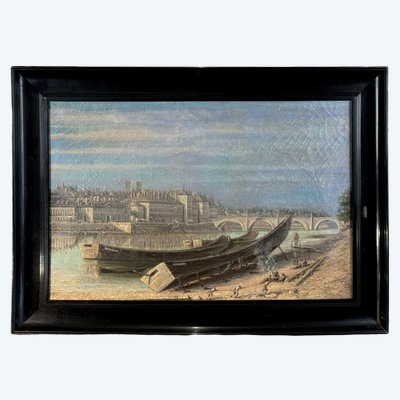 PEINTURE / HUILE DU XVIIIe ECOLE FRANÇAISE " PARIS BORD DE SEINE AU MOYEN AGE "