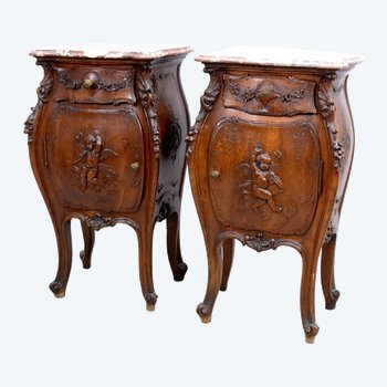 Pair Of Louis XV Style Walnut Bedside Tables With Putti Decor Late Nineteenth Time