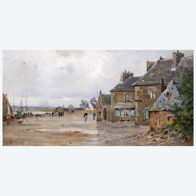Eugène BOURGEOIS 1855-1909 Bretagne, paysage au port, tableau, vers 1890 impressionnisme