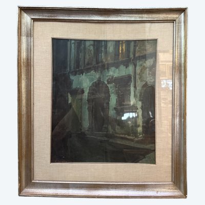Peinture à l'huile sur panneau représentant des bâtiments anciens, V. Sorrentino, 42x35cm