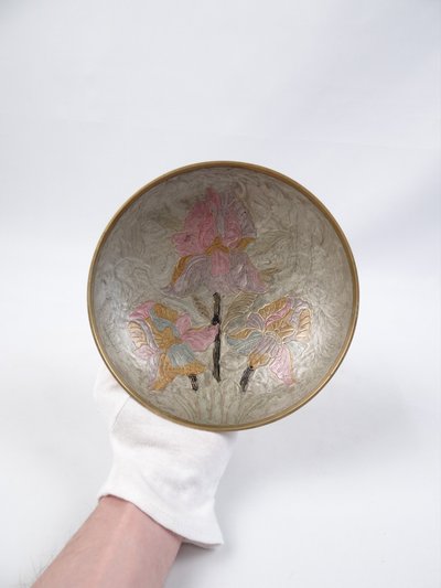 Coupe vide poche Art Nouveau en laiton émail cloisonné art populaire Indien de 1970