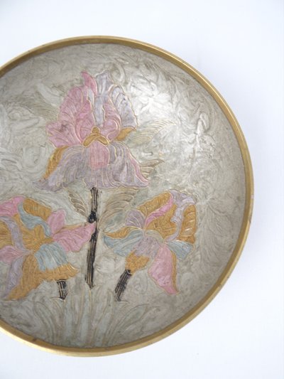 Coupe vide poche Art Nouveau en laiton émail cloisonné art populaire Indien de 1970