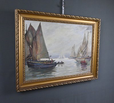 Tableau « Voiliers sur Mer Calme », Huile sur Toile, signé C. Bustad - 1928