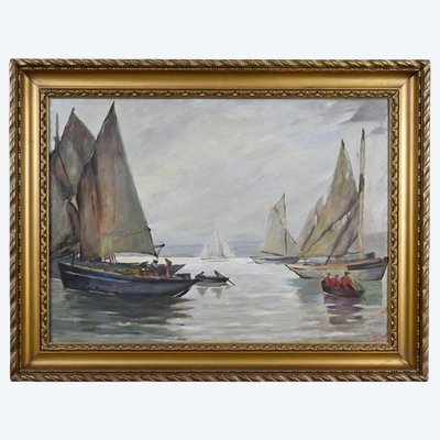 Tableau « Voiliers sur Mer Calme », Huile sur Toile, signé C. Bustad - 1928