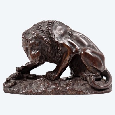 Bronzeskulptur Löwe mit Schlange im Geschmack von Antoine Louis Barye XIX.