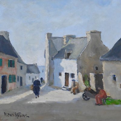 Tableau « Scène de Village », Huile sur Toile, signé H. Albert - 1re partie XXe
