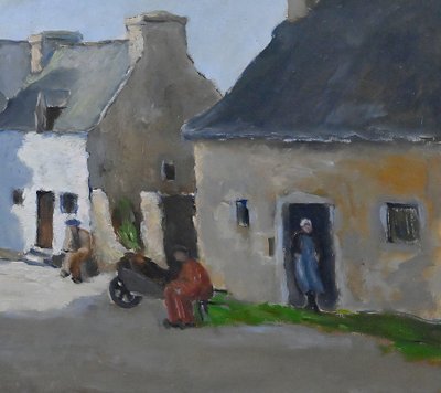 Tableau « Scène de Village », Huile sur Toile, signé H. Albert - 1re partie XXe