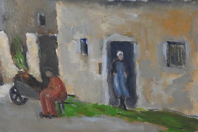 Tableau « Scène de Village », Huile sur Toile, signé H. Albert - 1re partie XXe