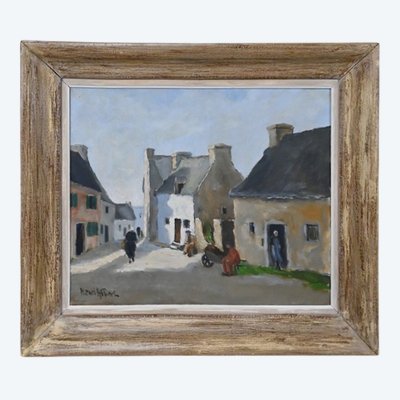Tableau « Scène de Village », Huile sur Toile, signé H. Albert - 1re partie XXe