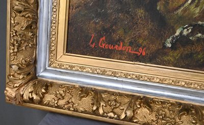 Important Tableau « Promenade dans le sous-bois », Huile sur Toile, signé L. Gourdon - 1896