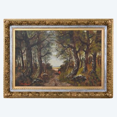 Important Tableau « Promenade dans le sous-bois », Huile sur Toile, signé L. Gourdon - 1896