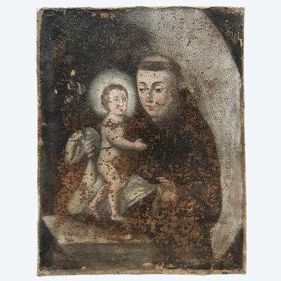 Ancienne peinture à l'huile du 18ème siècle, Saint Antoine de Padoue et l'enfant, 64x51cm