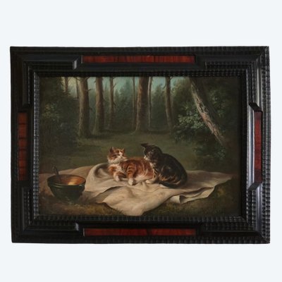Scène de chats dans un sous-bois, huile sur toile, XIXe siècle.