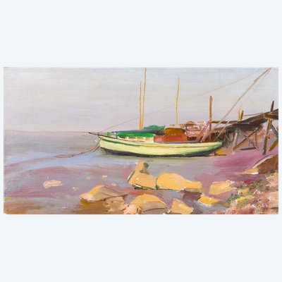 Alfons Verheyen 1903-1990 Bateau, paysage de mer, tableau vers 1950 marine mer