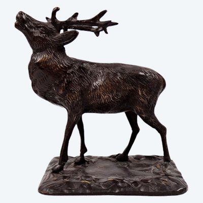 Hirsch röhrend in Bronze Skulptur im Geschmack von Paul-Édouard Delabrièrre XIX.