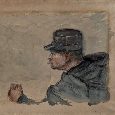 Disegno raffigurante due gendarmi in azione, durante un arresto, inizio XX secolo.