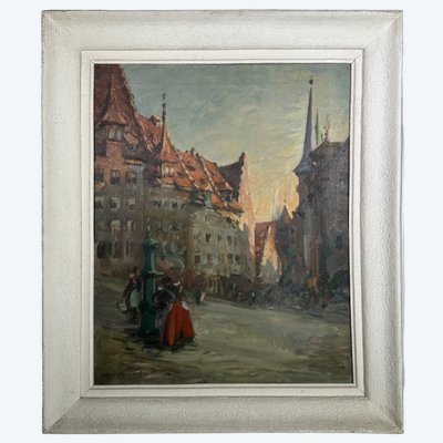 Huile sur toile représentant des femmes à la fontaine par Louis Dumoulin
